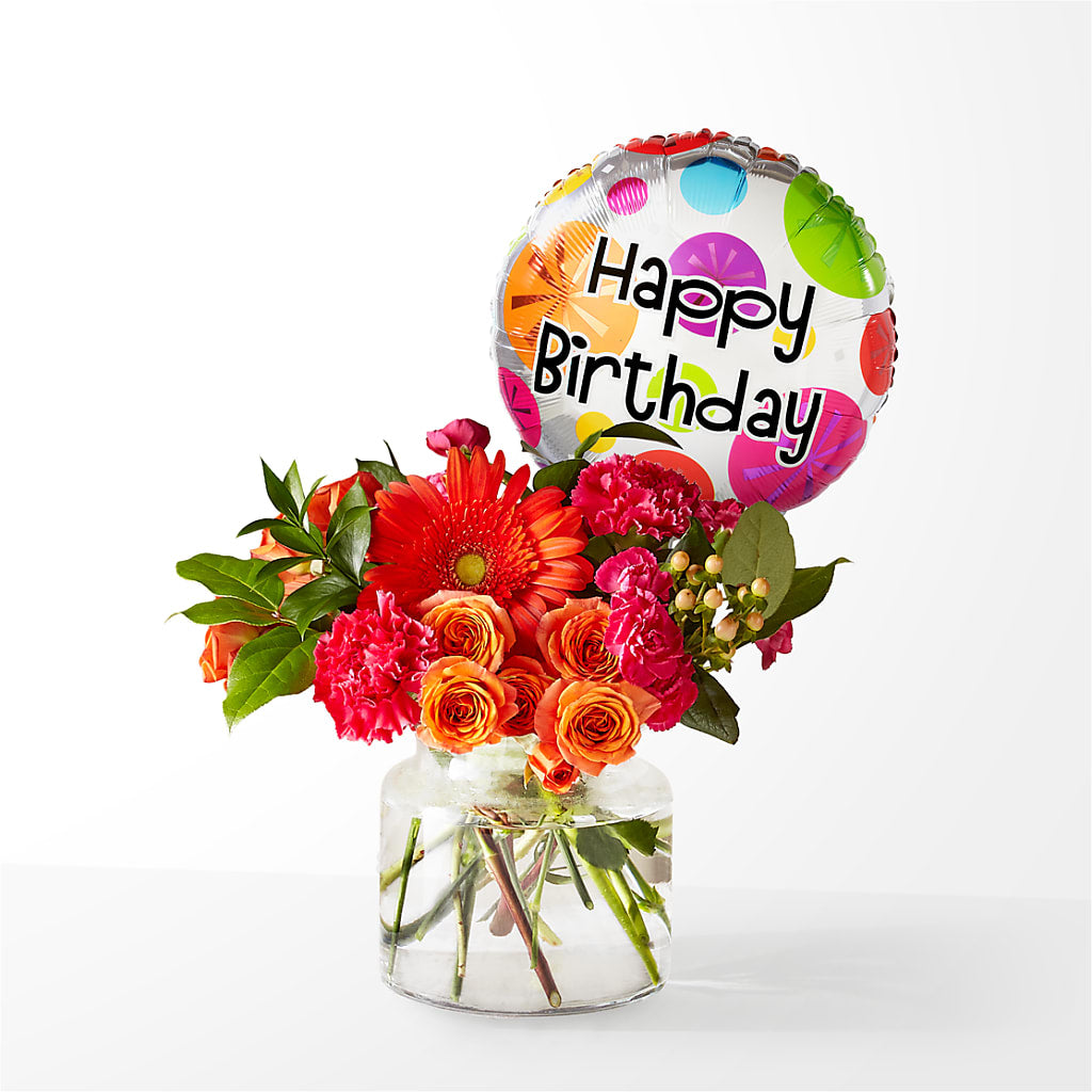 Fiesta Bouquet with Birthday Balloon – Flowers By Robert Taylor Inc, West Covina CA