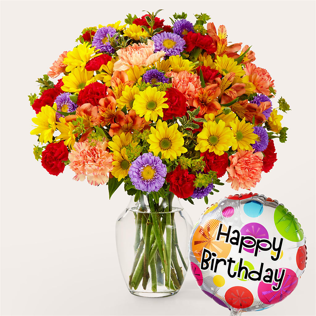 Kaleidoscope Bouquet with Birthday Balloon – Flowers By Robert Taylor Inc, West Covina CA