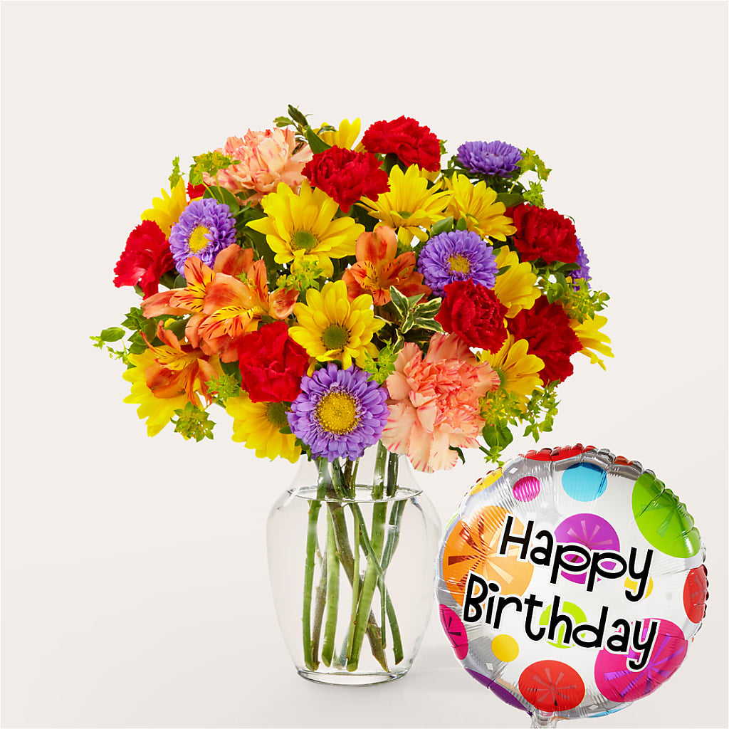 Kaleidoscope Bouquet with Birthday Balloon – Flowers By Robert Taylor Inc, West Covina CA