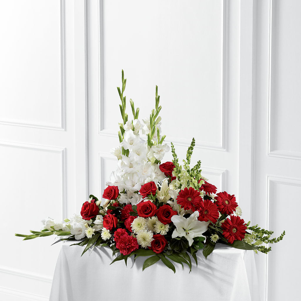 Crimson & White Arrangement – Flowers By Robert Taylor Inc, West Covina CA