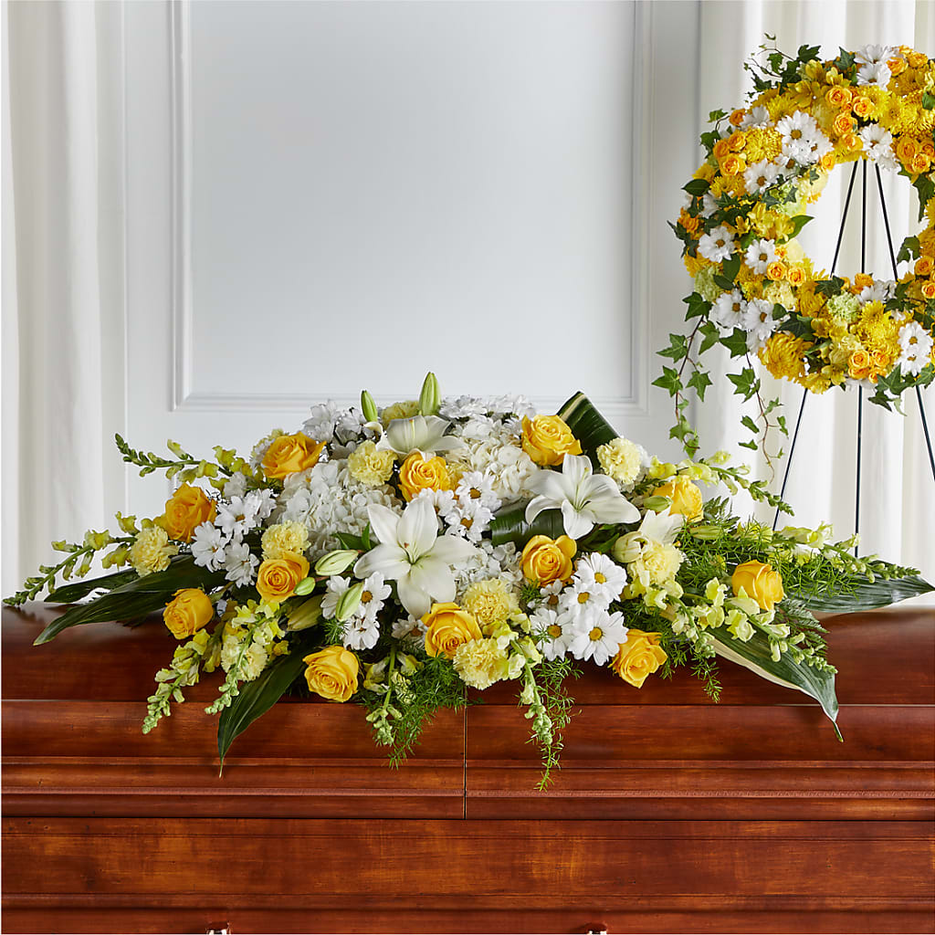 Golden Harmony Casket Spray – Flowers By Robert Taylor Inc, West Covina CA