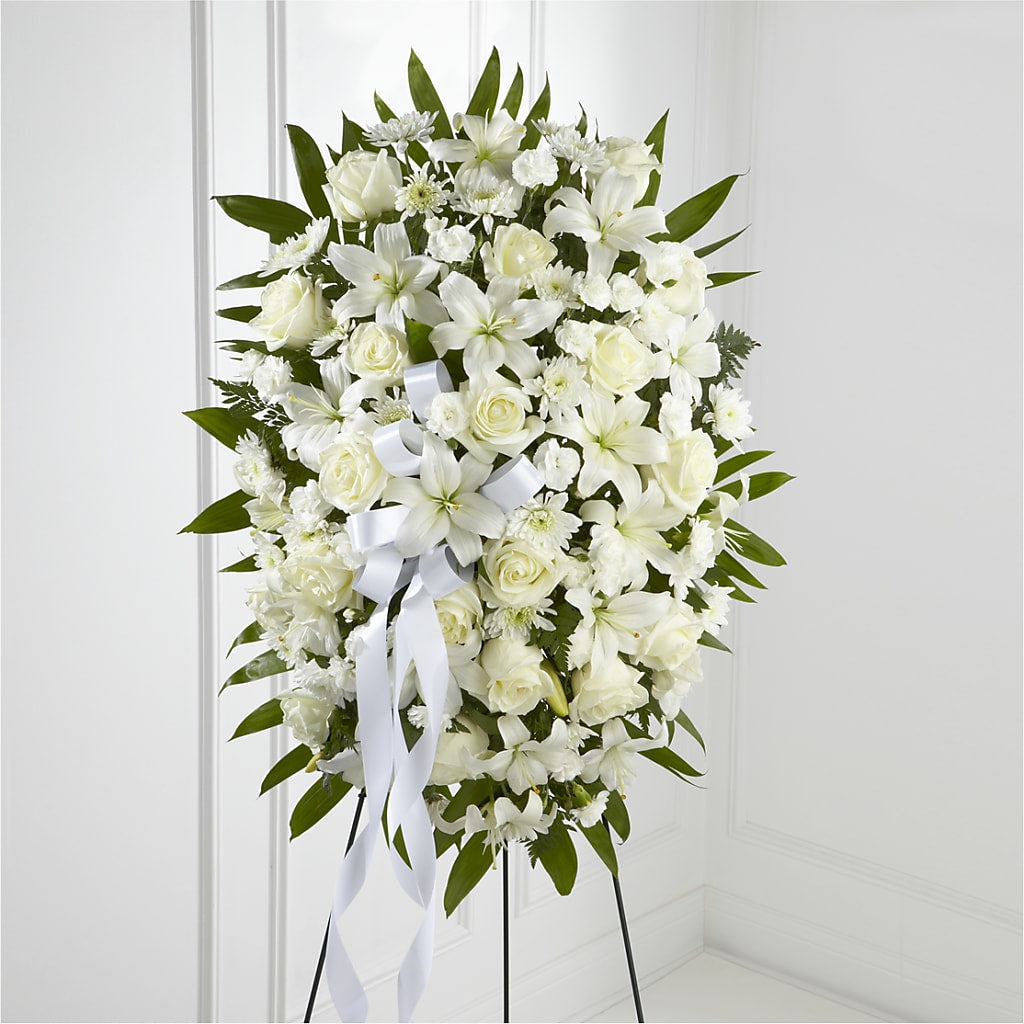 Exquisite Tribute Standing Spray-White Ribbon – Flowers By Robert Taylor Inc, West Covina CA