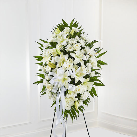 Exquisite Tribute Standing Spray-White Ribbon – Flowers By Robert Taylor Inc, West Covina CA