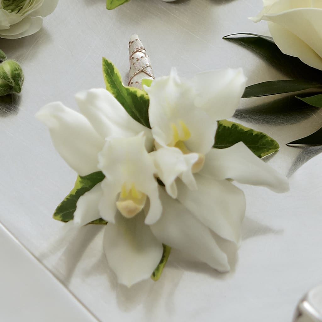 White Mini Cymbidium Boutonniere – Flowers By Robert Taylor Inc, West Covina CA