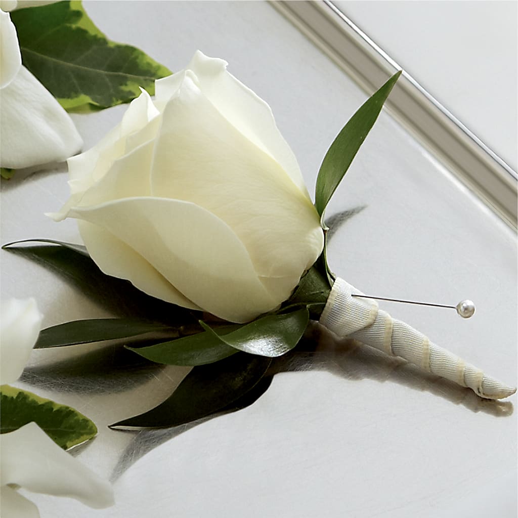 White Rose Boutonniere – Flowers By Robert Taylor Inc, West Covina CA