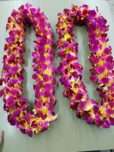 2 DBL YELLOW & BURGANDY  COLOR LEIS –  Flowers By Robert Taylor Inc, West Covina CA