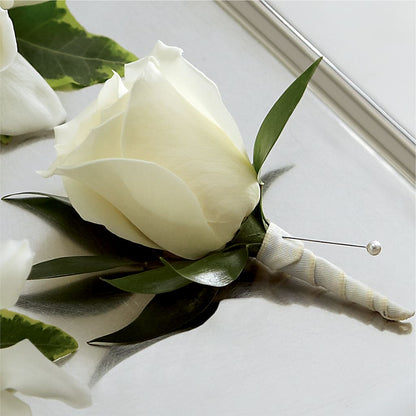White Rose Boutonniere –  Flowers By Robert Taylor Inc, West Covina CA